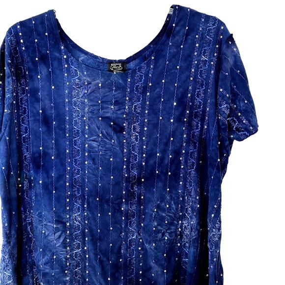 SHANNON FORD NEW YORK 3X Blue Stretch AB Sequin Short Sleeve Knit Top Tie Dyed - Picture 3 of 5